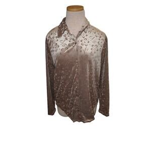 Brown Burnout Velvet Floral Button Up Blouse Long Sleeve Women’s Medium